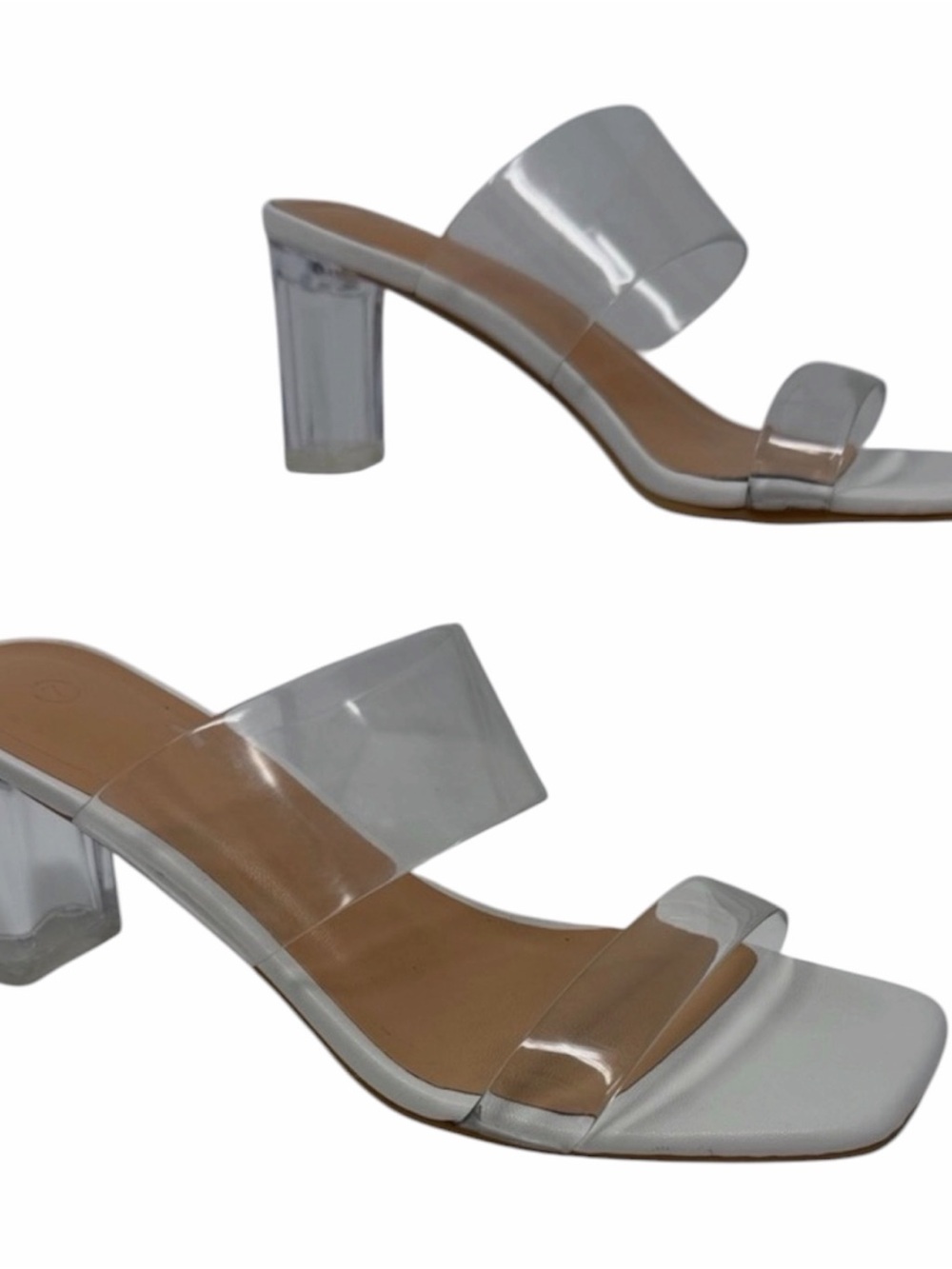 White Clear-Strap Mid Block Heel Sandals Size 7